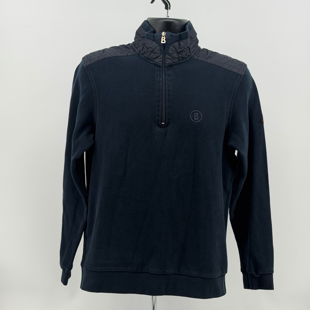 Bogner Fire + Ice 1/4 Zip Pullover Mens L Navy Blue  Quilted Shoulder Ribbed